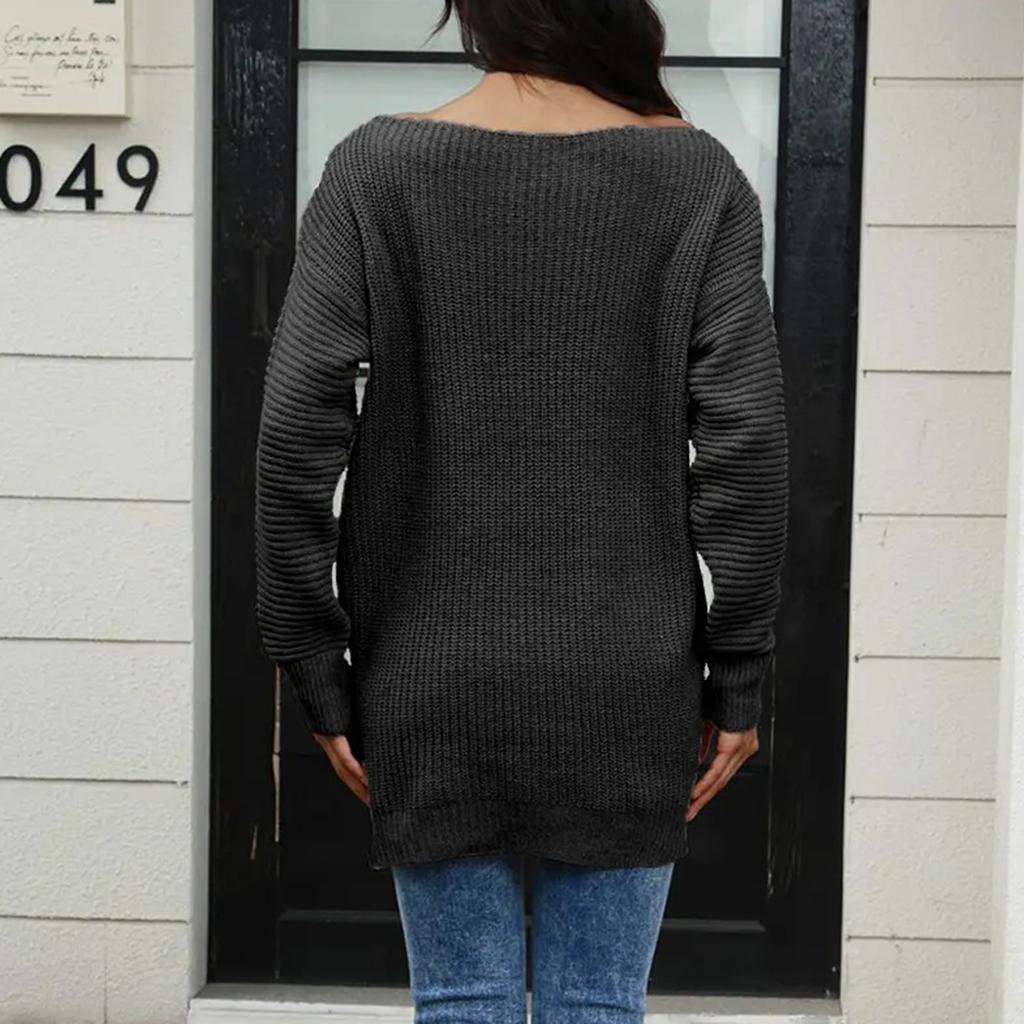 Women's Winter Loose Versatile One-shoulder Solid Color Mid-length Knitted Sweater