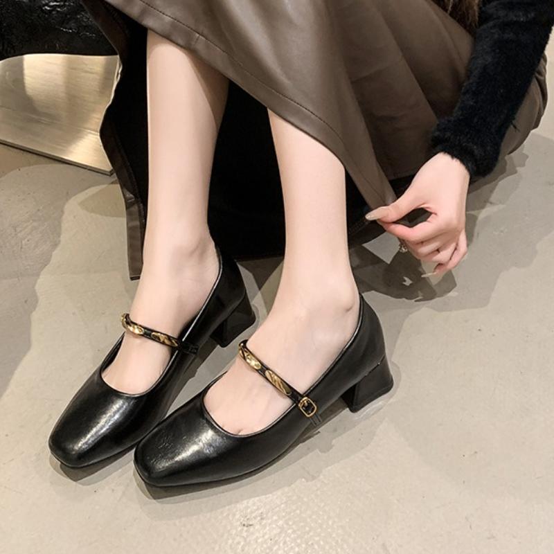 

2025 New Mary Jane Shoes Female High Quality Leather Buckle Ballet Shoes for Women Square Toe Flat Cowhide Ladies Single Shoes 35 чёрный