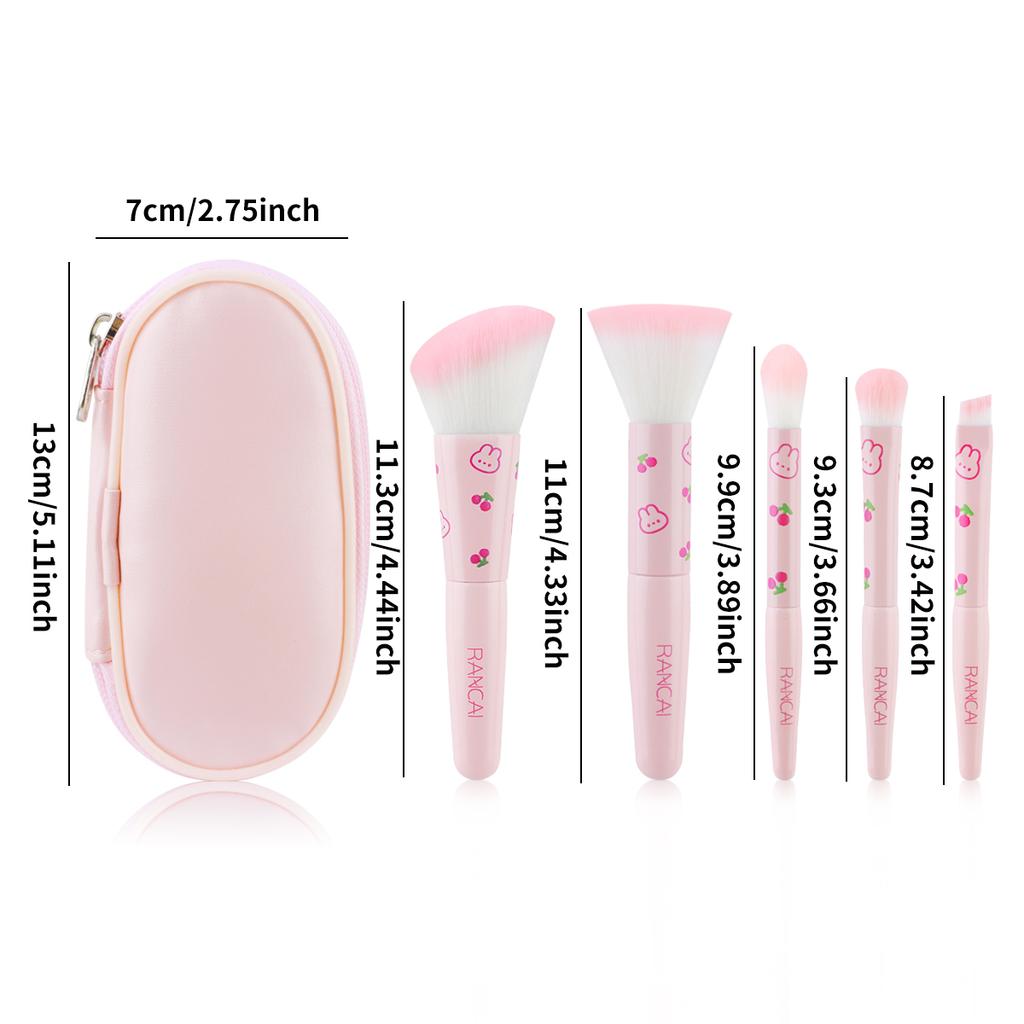 5Pcs Cute Compact Makeup Brush Set With Case Premium Brush for Flawless Foundation, Blush, Eyeshadow Application Beauty Tools