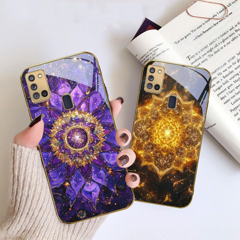 Blooming Golden Mandala For Samsung A 31 32 A33 A34 35 14 A15 13 16 25 26 50 52 53 54 55 56 70 71 72 73 Golden Glass Phone Case