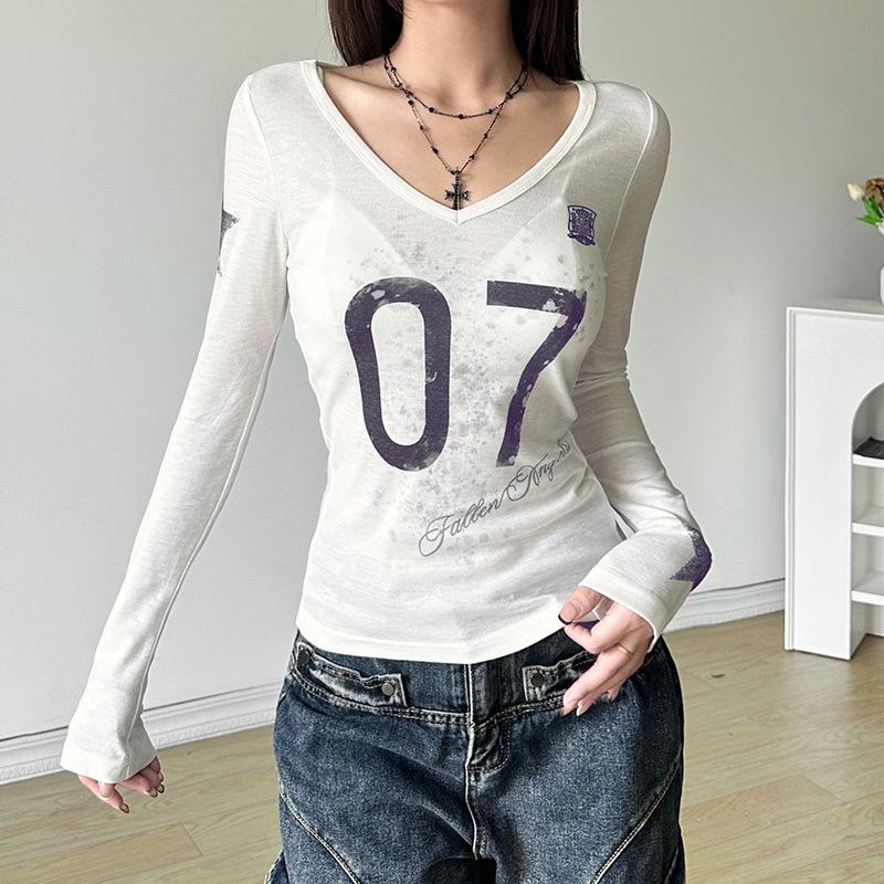 New Women's Solid Color Slim Fit Street Fashion V-neck Printed Long Sleeved Top for Women