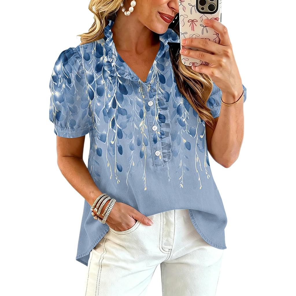 Women Ruffle V Neck Printed Blouse Short Sleeve Casual Loose Fit Top Button Down Lightweight Shirt
