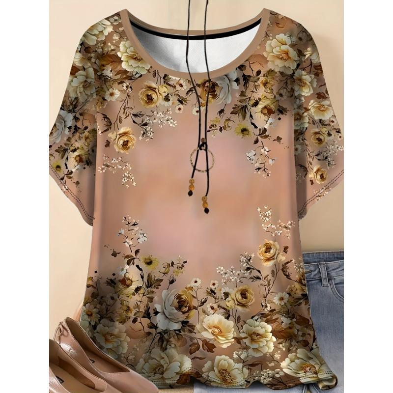 

Comfortable Casual Elegant Resort Style Printed Pattern Plus Size Women s Round Neck T-shirt Short-sleeved Clothing S