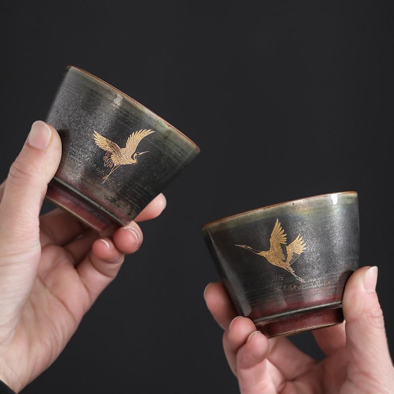 Handmade Coarse Pottery Kiln Change Master Tea Cup Ceramic Hand Painted Crane Teacups Tea Set Drinkware
