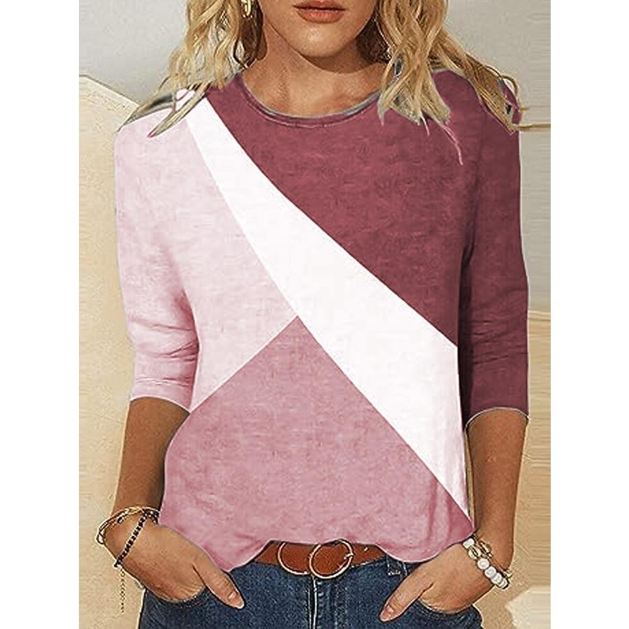 Jarní a podzimní top s kulatým výstřihem, 3D barevným blokovým potiskem, módní ležérní dámské tričko s dlouhým rukávem