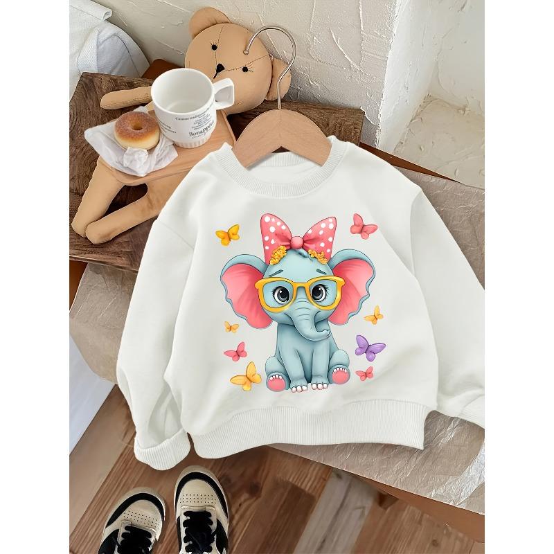European Size A Round-Neck Sweatshirt for unisexs Featuring a Cute Cartoon Print of an Adorable Elephant with a Bow Tie And Glasses Top