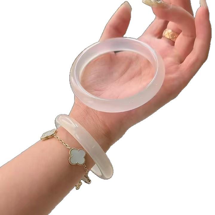 Natural Icy White Moonstone Chalcedony Jade Bangle for Girls - Lychee Jelly Agate Beauty