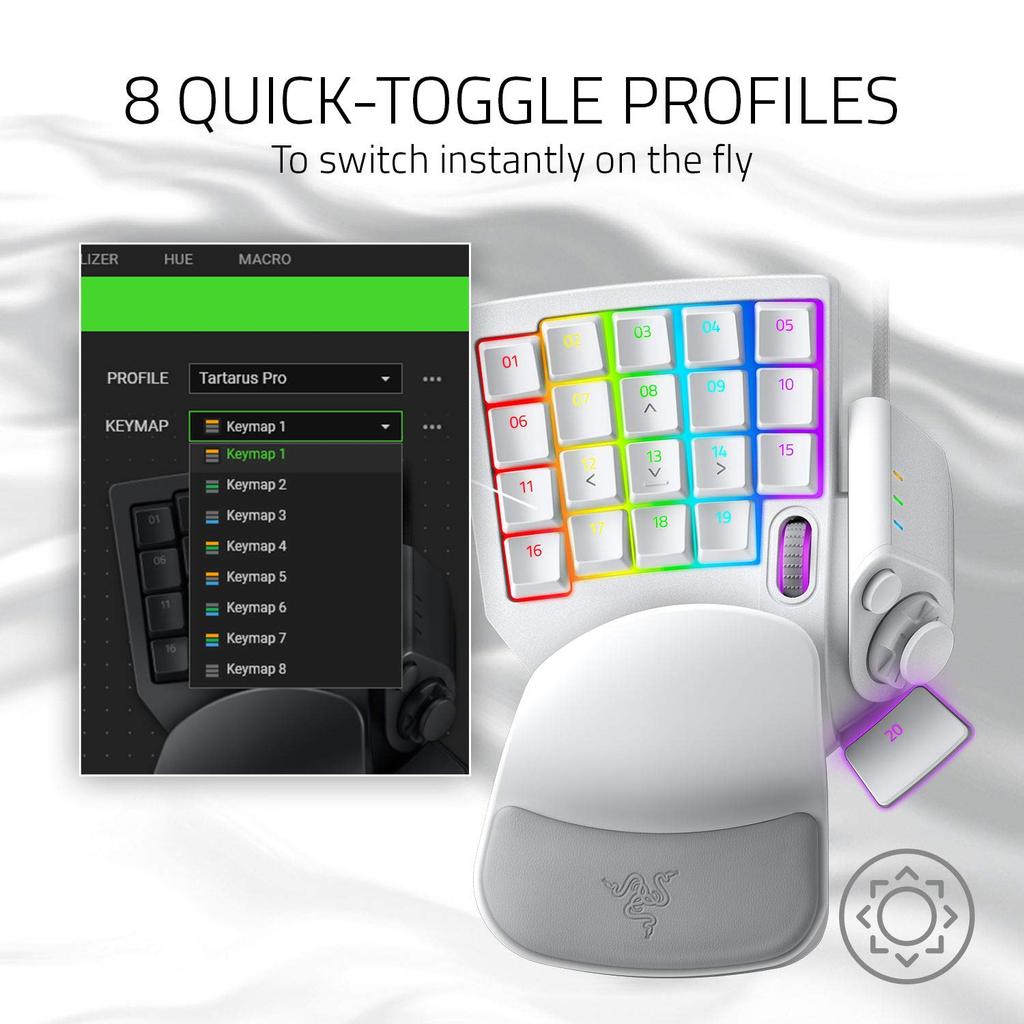Razer Tartarus Pro Gaming Analog Optical Key Rapid Adjustable 32 Programmable Customizable Chroma RGB Mercury White Keypad Switches, Trigger,