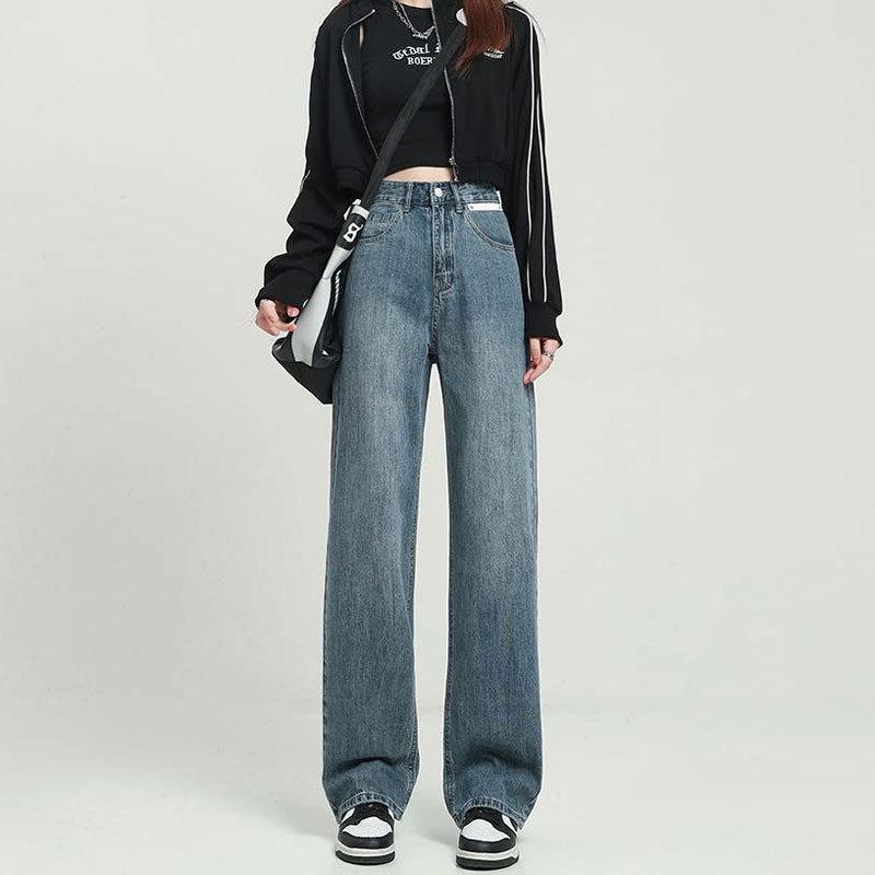 Black High-Waist Leather Straight-Leg Denim Pants - Women's Loosely Fitted Autumn Design