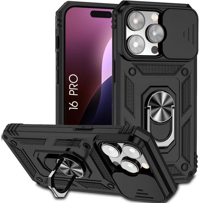 Coque de protection - BOOLING - pour iPhone 16 Pro - Antichoc - Support Anneau Arrière - Noir