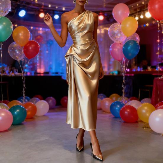 Women's One Shoulder Satin Prom Dress Summer Sleeveless Party Cocktail Midi Dress Ruched Bodycon Evening Wedding Guest Dress