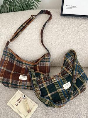 Korean Retro Plaid Wool Crossbody Bag - Large Capacity Casual Shoulder Bag for Women