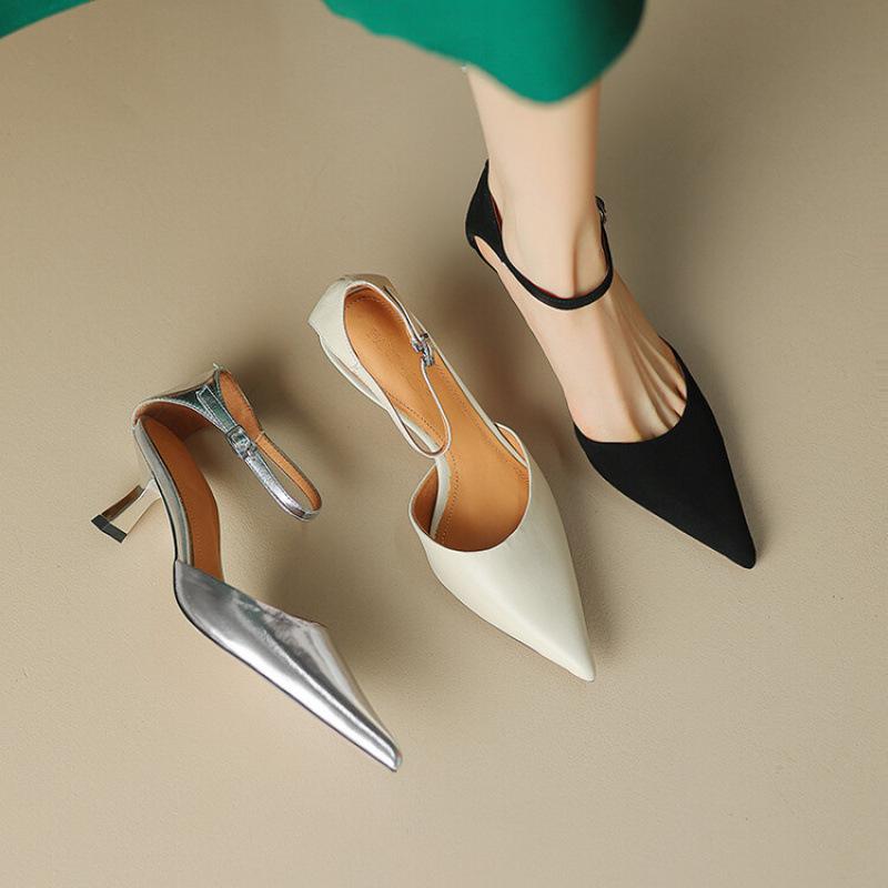 Summer Women's Leather Sandals Women's Buckle Bag Heel Non-slip Beef Tendon Sole Large Size New Hollow Sandals Fashion Stiletto