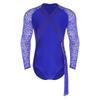 Mens Latin Dance Wear Floral Lace Long Sleeve Ruched Mesh Layer Chain Tassel Button Crotch Leotard