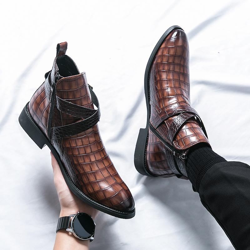 Męskie Retro Szpiczaste Buty Botki Skórzane Uliczne Zimowe Botki do Kostki Męskie Casualowe Brytyjski Styl Krótkie Wysokie Sznurowane Buty Chelsea