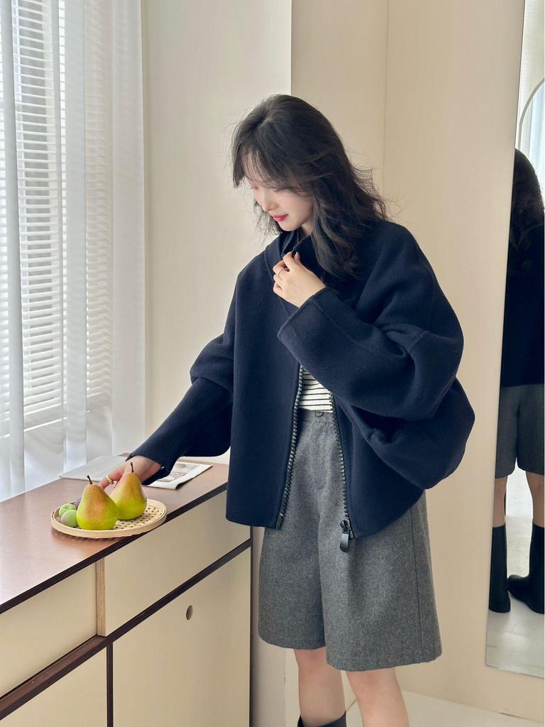 Women's Petite Double-Sided Wool Coat, Short Style with Zipper, New High-End 2025 Autumn/Winter Collection