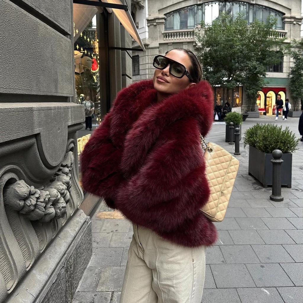 Chaqueta de Piel Sintética para Mujer con Capucha Engrosada Otoño e Invierno Abrigo de Piel de Zorro Holgado Moda Chaqueta de Piel