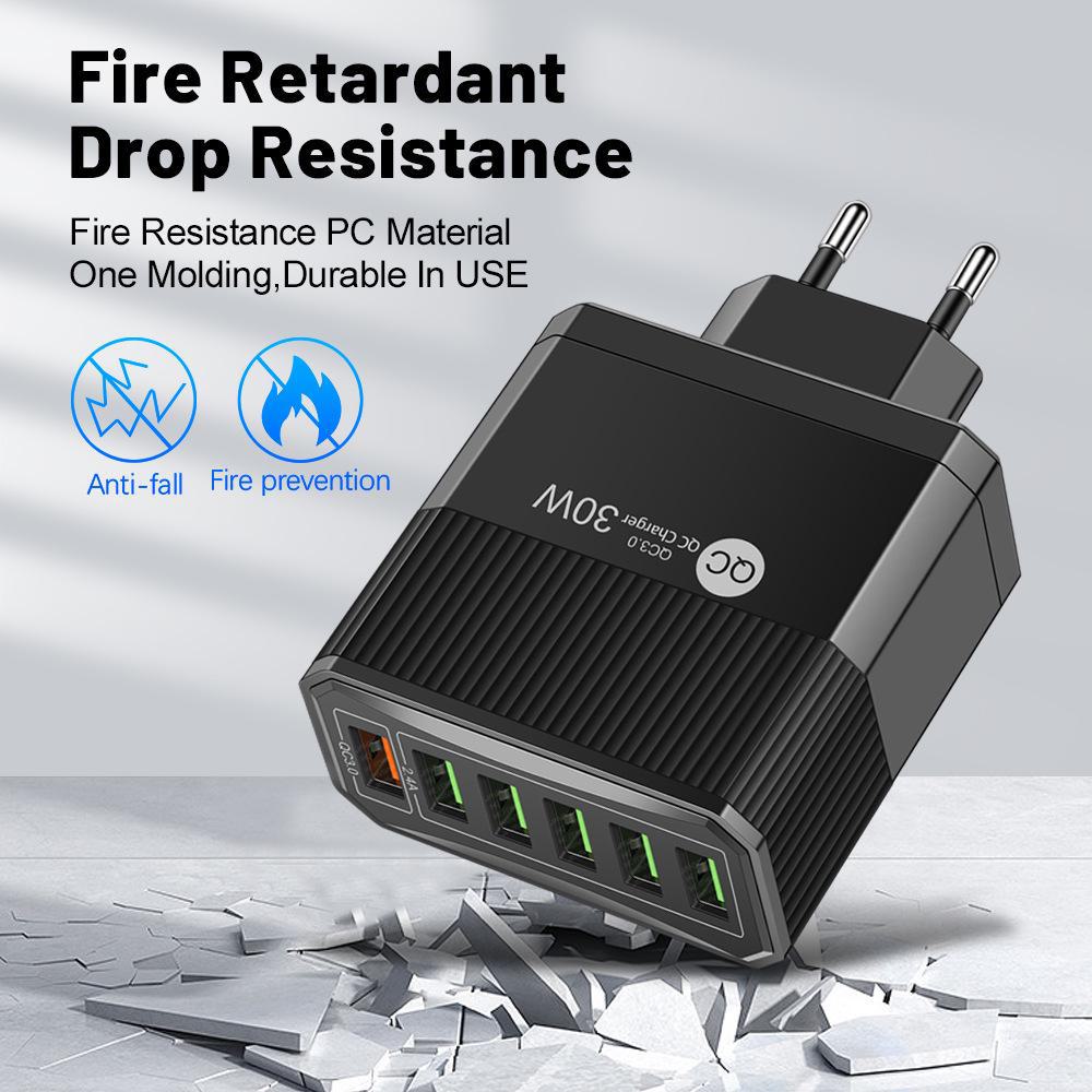 30W 6-Port QC3.0 Multi-Plug Fast Charger for EU, US, UK, & Korea