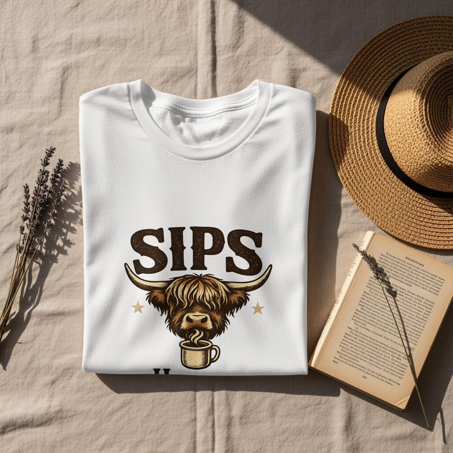 Sips Happen Highland Cow T-Shirt, Coffee Lover Tee, Funny Animal Shirt 4XL