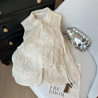 Bestickte Jacquard-Hemd-mit-Knöpfen-und-Schnürung-Kragenweste Damen Sommer Spitze-Einsatz Weste Top