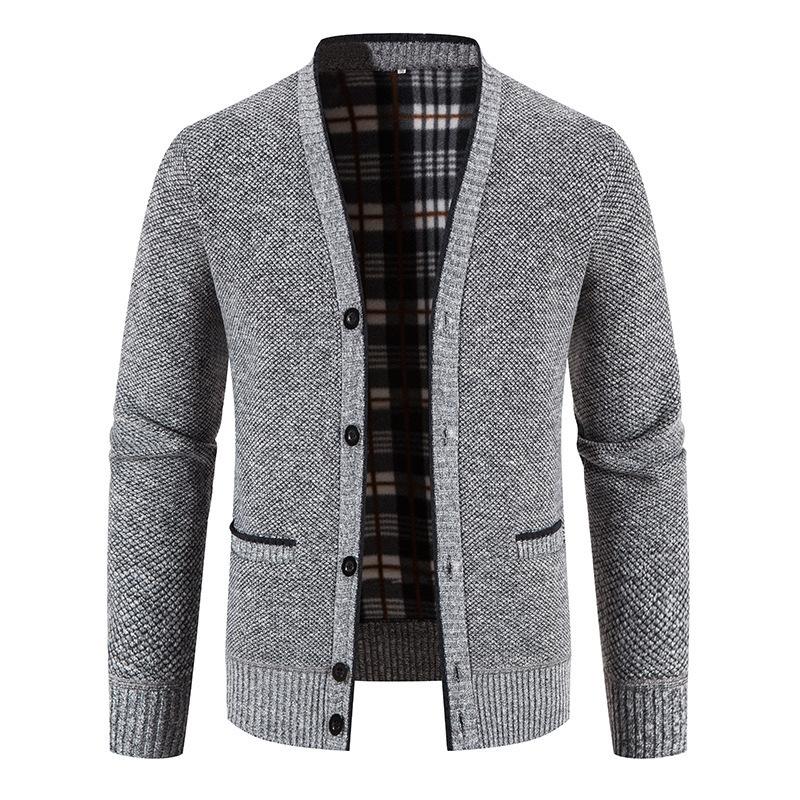 Men's Light Gray V-Neck Button Cardigan Sweater with Chest Pockets and Plaid Lining