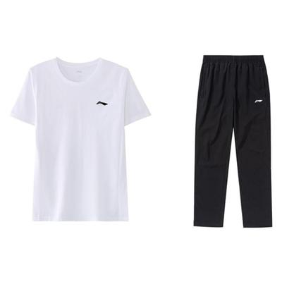 Li Ning Logo Round Neck Pullover Short Sleeve T-Shirt And Plain Straight Leg Long Pants Casual Sports Suit Men Suit ATST641-2+AYKT413-1