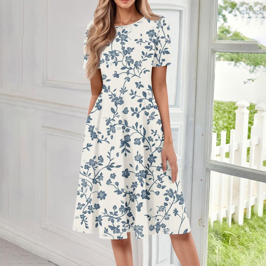 Dámské ležérní módní kulatý výstřih s krátkým rukávem a květinovým potiskem, midi šaty