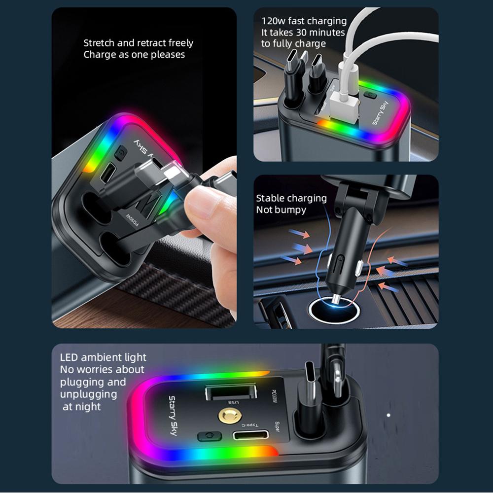 5 In 1 Total Power 180W Car Fast Charger with Retractable Cable USB Type-C Power Adapter with Color Ambient Light and Starry Sky Light for IOS Android
