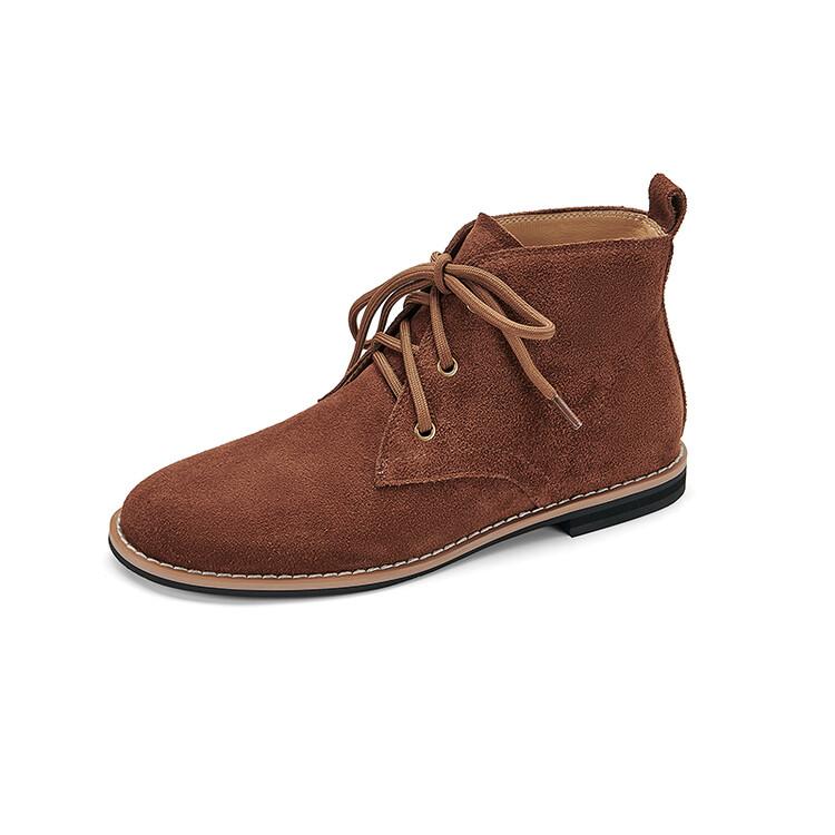 Fashion 2025 Autumn Cow Suede Women Boots Round Toe Low Heels Boots for Women College Style Lace Up Short Boots Winter Boots Work Boots