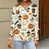 Women's Fashion Casual Halloween Printed V-Neck Button Trim Long Sleeve T-Shirt Top