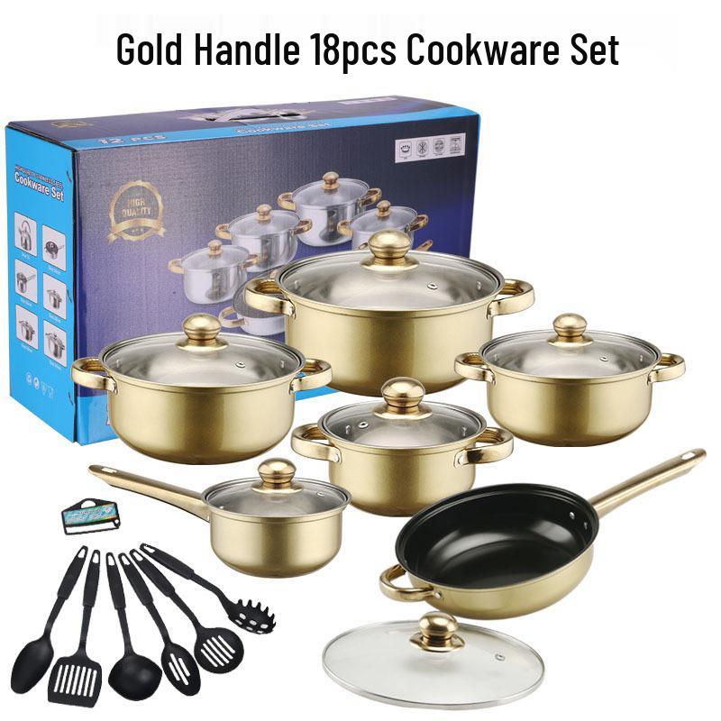 Stainless Steel Non-stick Cookware Set with Gold Handles, 12 PCS - Includes Soup Pot, Frying Pan, Steamer Basket.
