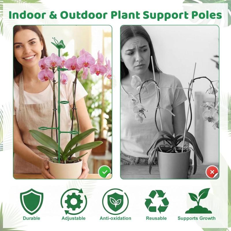15x Plant Support Stakes Green Poles Sticks with Ring Clips & Ties Orchid Tomato