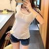 Niche Fungus Edge Slim Fit Big U-neck Short-sleeved T-shirt for Women's Summer Sweet and Hot Girls Chic Waist Pinch and Thin Small Fly-sleeved Top
