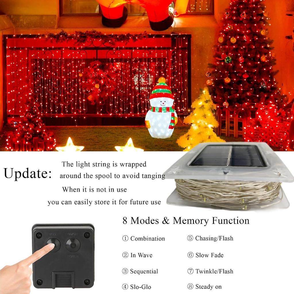 Solar string lights, 2-piece set, total length 200CM, 200 LED solar lights, waterproof, suitable for outdoor use, 8 lighting modes