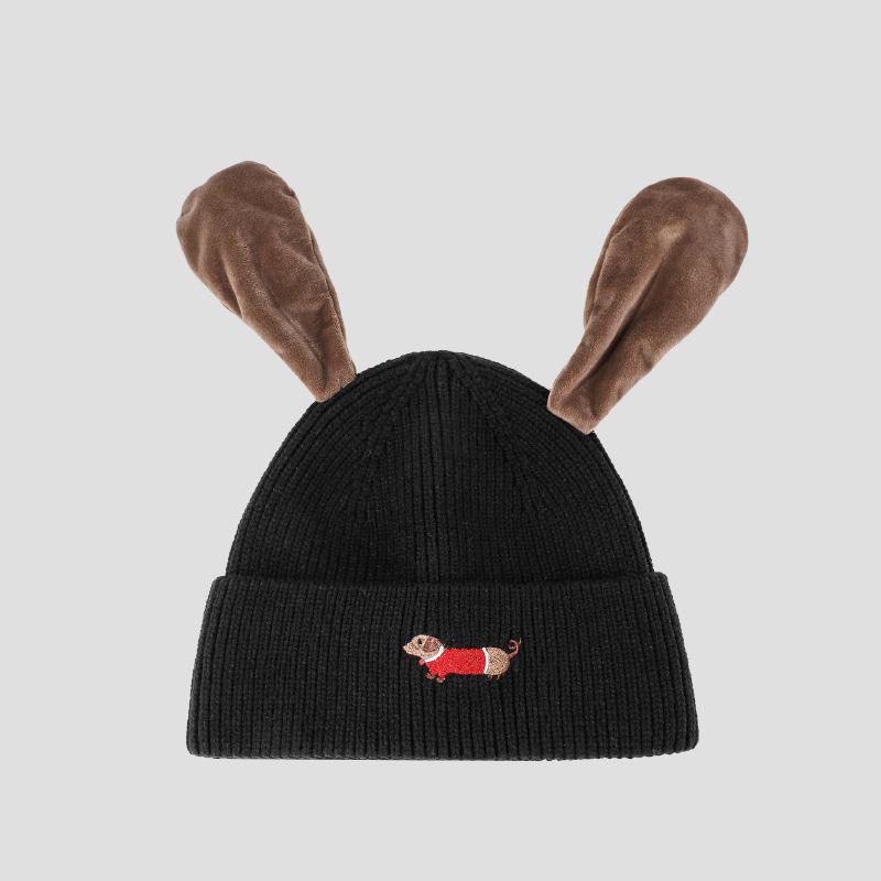 Pinch Ears Will Ring Knitted Hat Women Autumn Winter Windproof Warm Embroidered Dog Wool Hat