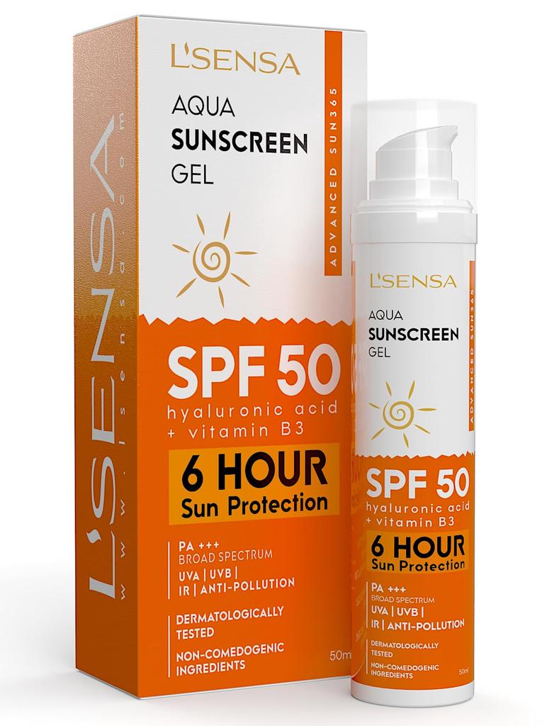 L'SENSA Sunscreen SPF 50 for Oily Skin, Anti-Tan, Waterproof Sun cream, 1% Hyaluronic Aqua Gel, Free from Oxybenzone, For Oily, Combination & Ace