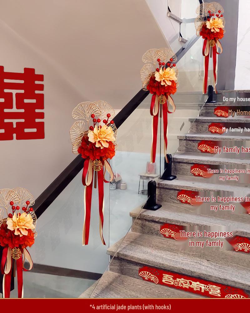 Wedding Stair Railing Decoration Set with Double Happiness Pull Flowers