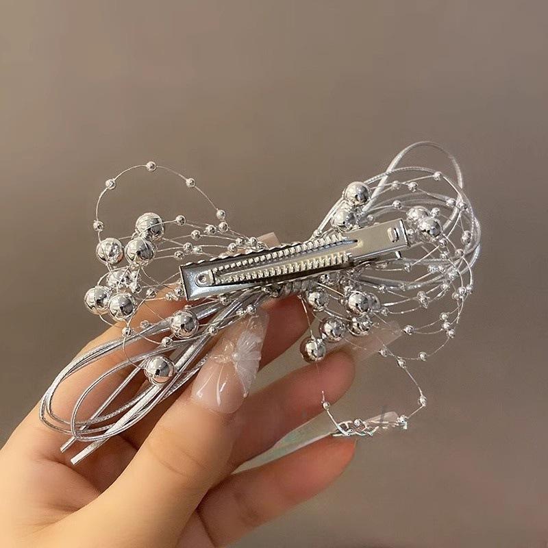Korean Silver Color Ball Chain Hair Claw Bow Duckbill Clip Shark Clip Elegant Headpiece Hair Accessories for Women Girls