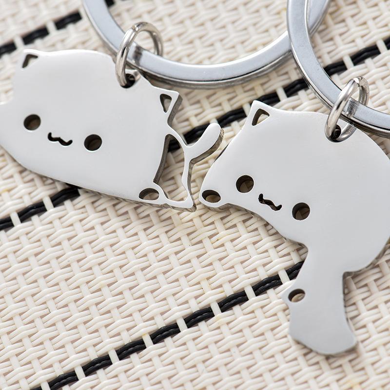 1 Pair Creativity Cute Stainless Steel Cartoon Cat Keychain Couple Animal Matching Key Ring Pendants Valentine Friendship Gift