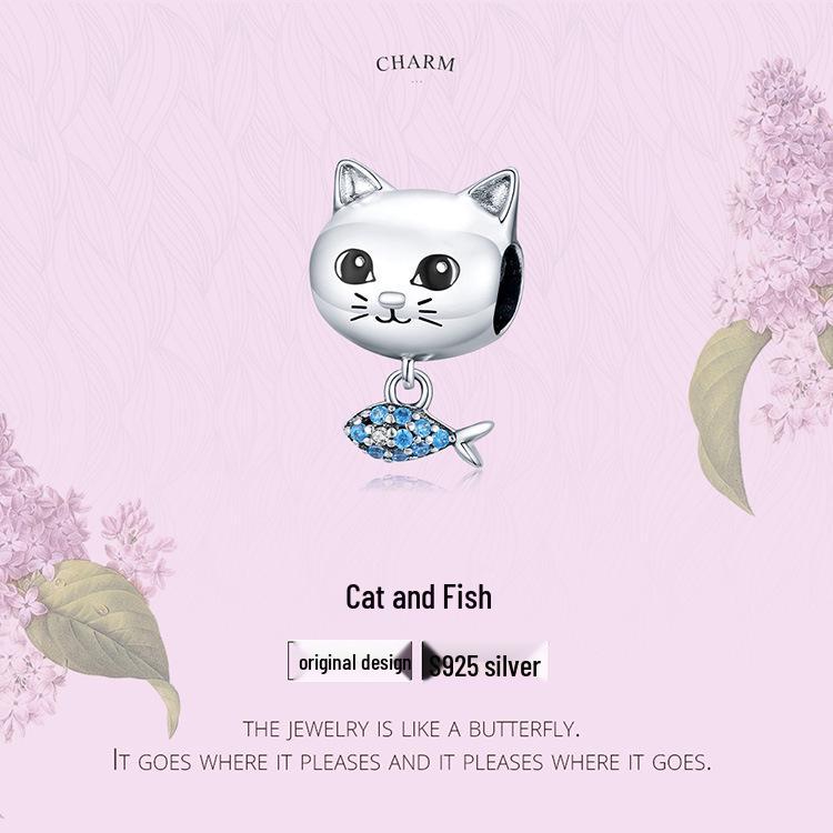 Yinziyun S925 Silver Cat & Fish Beads with Oil Drop Design - Cute DIY Jewelry Accessories (BSC226)
