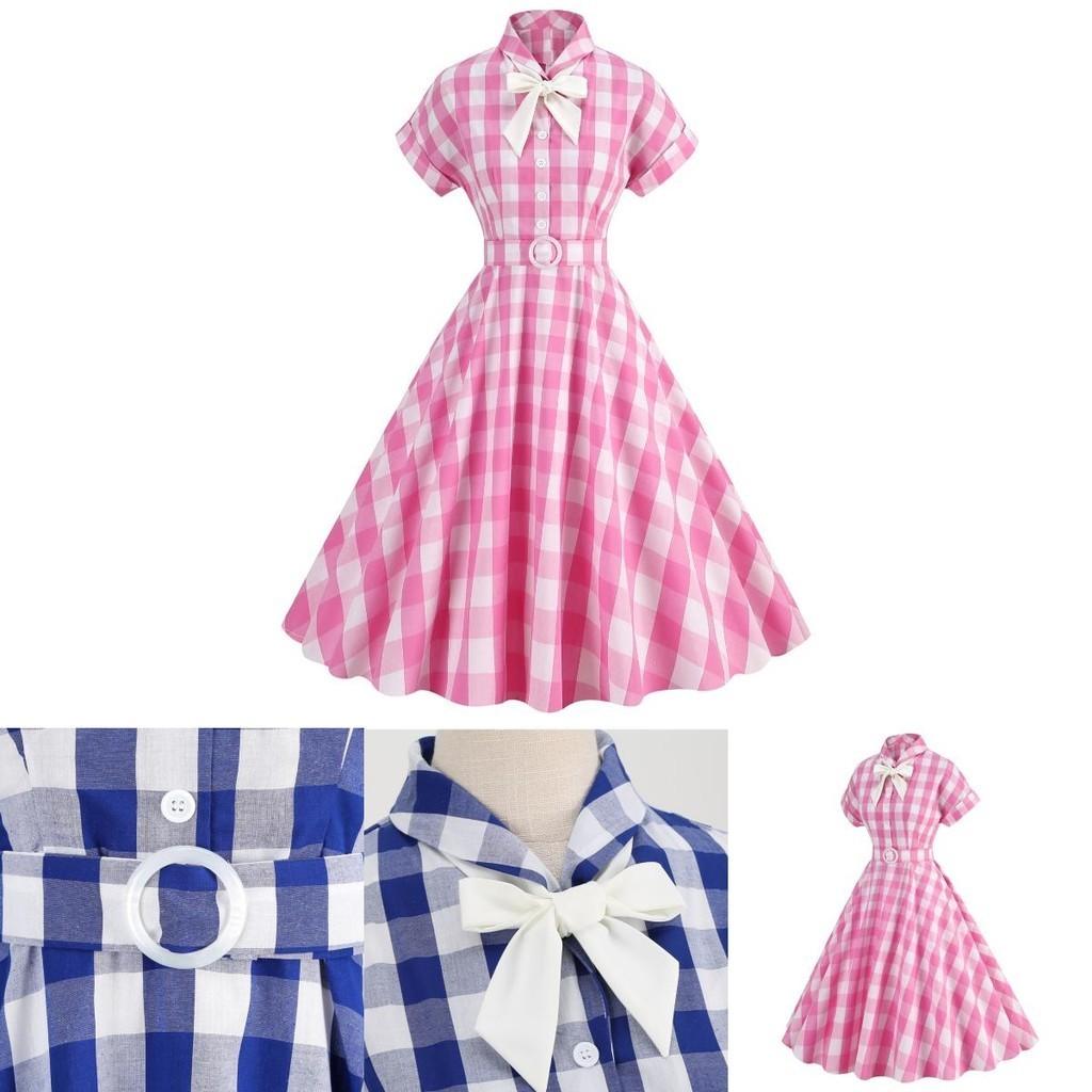 Vintage Barbie Pink Checkered Dress With Butterfly Bow-tie Collar