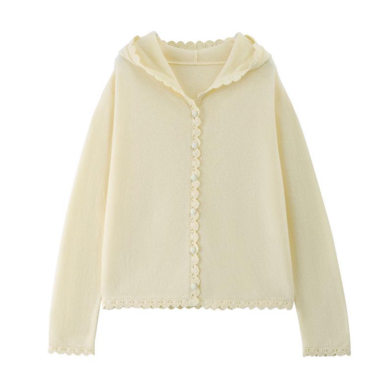 Women's 2025 Wool Knit Lace Button-Up Hooded Cardigan - Solid, Loose, Versatile Base Layer