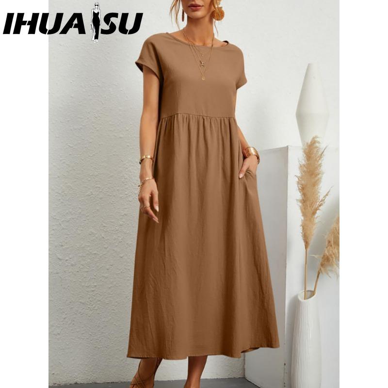 

IHUASU Женская мода Лето Весна Однотонный принт Короткий рукав Круглый вырез Повседневные платья L темные хаки