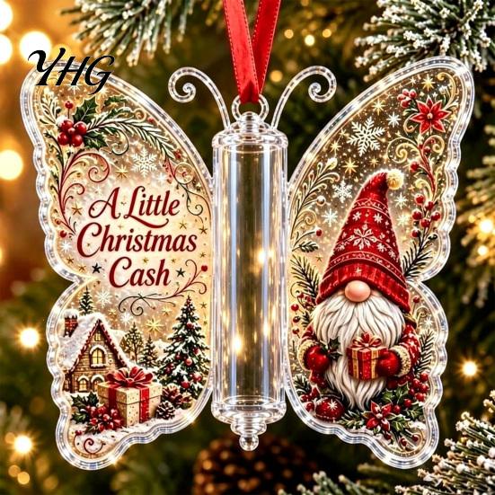 Festive Tree Hanging Decor Butterfly Cash Gift Ornament, Christmas Money Holder with Gifts for Family Friends Print, Acrylic Pendant Surprise Giving,