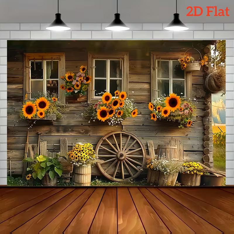 

2D Countryside Cabin Backdrop, Rustic Wood House with Sunflowers Background for Farm Themed Events 47.2x31.5inch/120*80cm