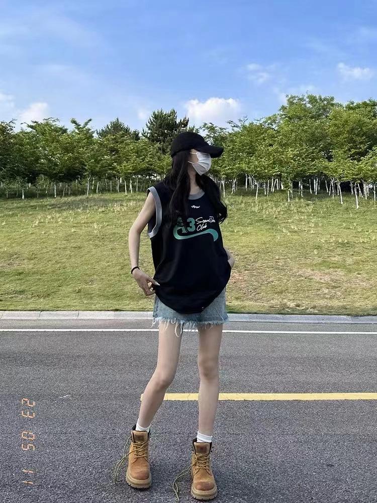 2024 Summer Women's Pure Cotton Contrast Color Letter Short-Sleeve T-Shirt