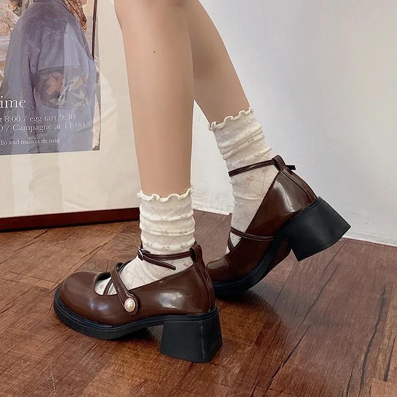 Retro Brown Mary Jane Shoes Women Thick Heels Ankle Buckle Lolita Shoes Woman Uniform Pu Leather Student Shoes Female