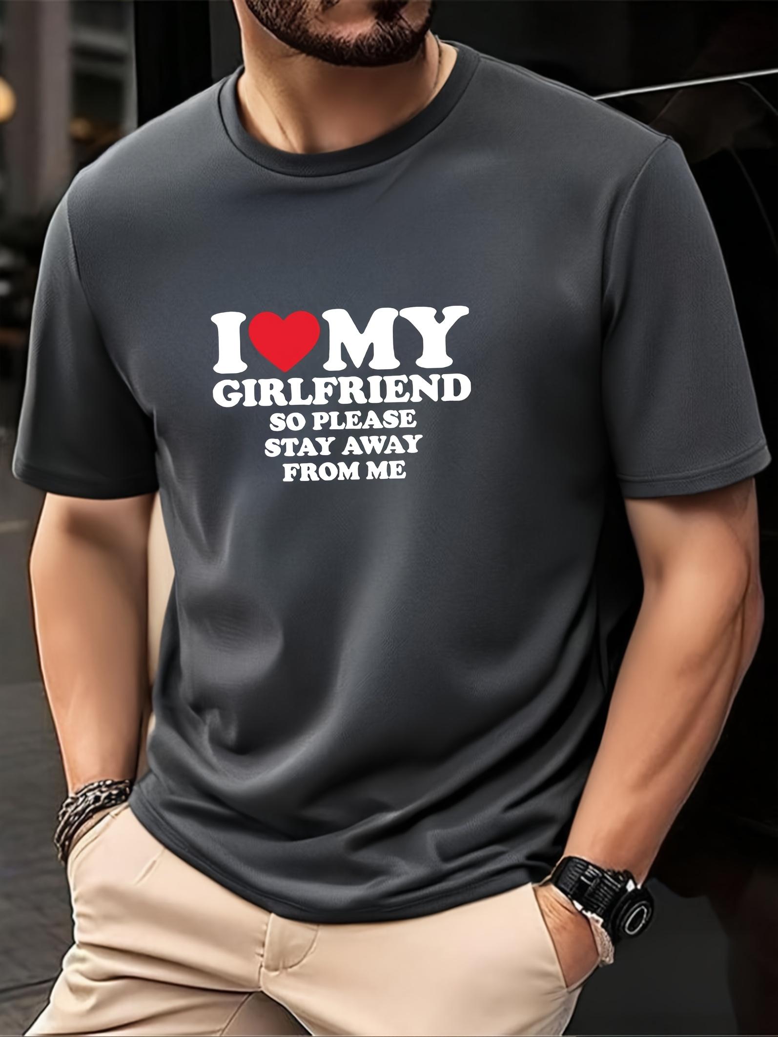 Humorous I Love My Girlfriend Graphic T-shirt - Dark Gray with Red Heart Print M