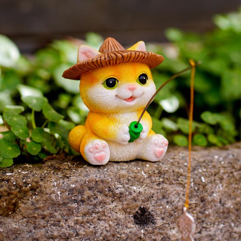 Animal Garden Statue Resin Cat Fishing Figurines Sculpture Frog Fishing Duck Fishing Yard Art Ornament For Fairy Garden Patio