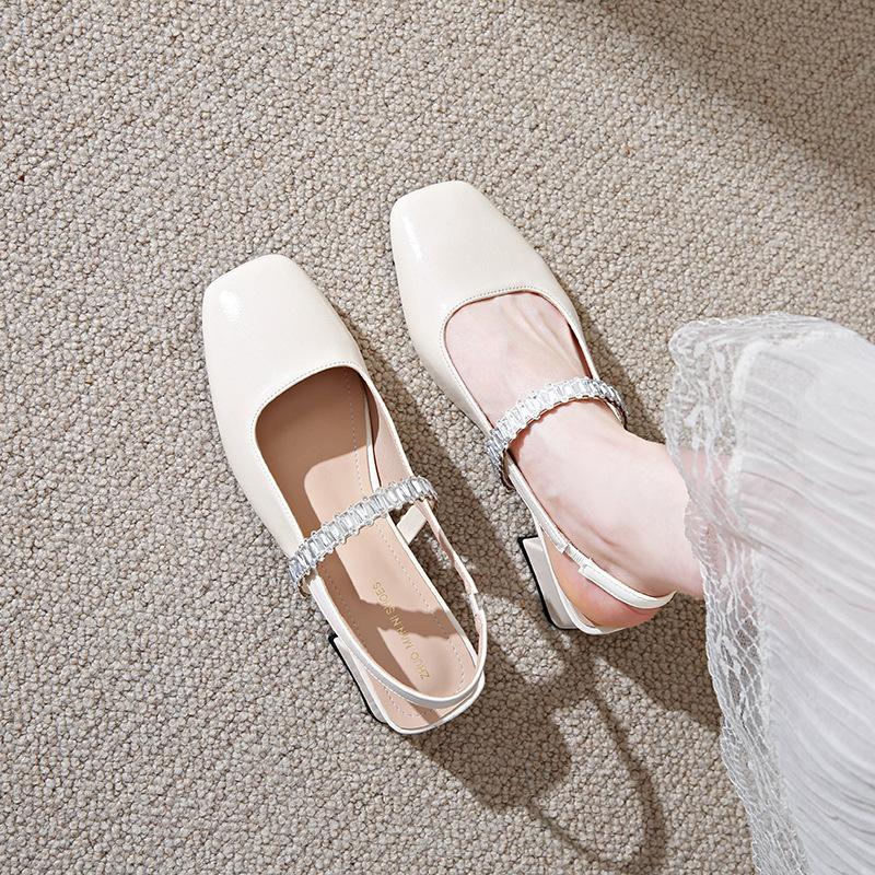 

Coarse-heeled Baotou temperament 2025 summer air new rhinestone square head white sandals women s heel Mary Jane cool single shoes 35
